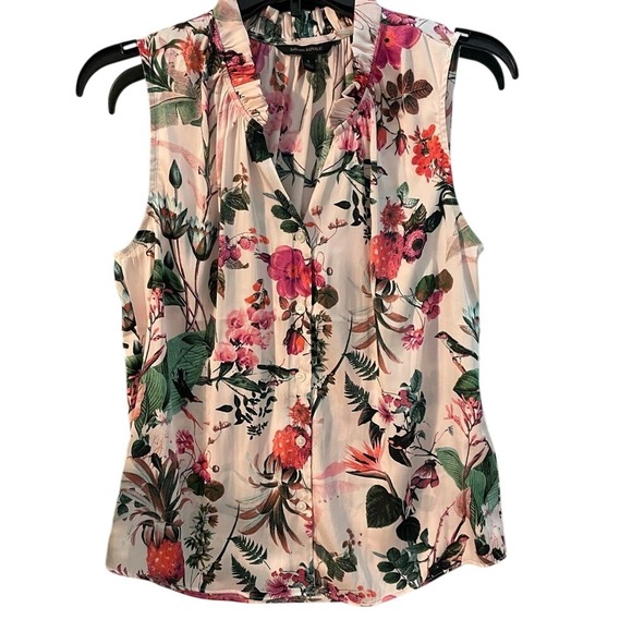 Banana Republic Tops - Banana‎ Republic Tropical Floral Pineapple Bird Ruffle Neck Sleeveless Blouse S